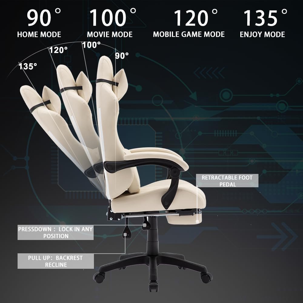 OHAHO Gaming Chair Computer Chair with Footrest and Lumbar Support, Height Adjustable Game Chair with 360° Swivel Seat and Headrest and for Office or Gaming (Beige)