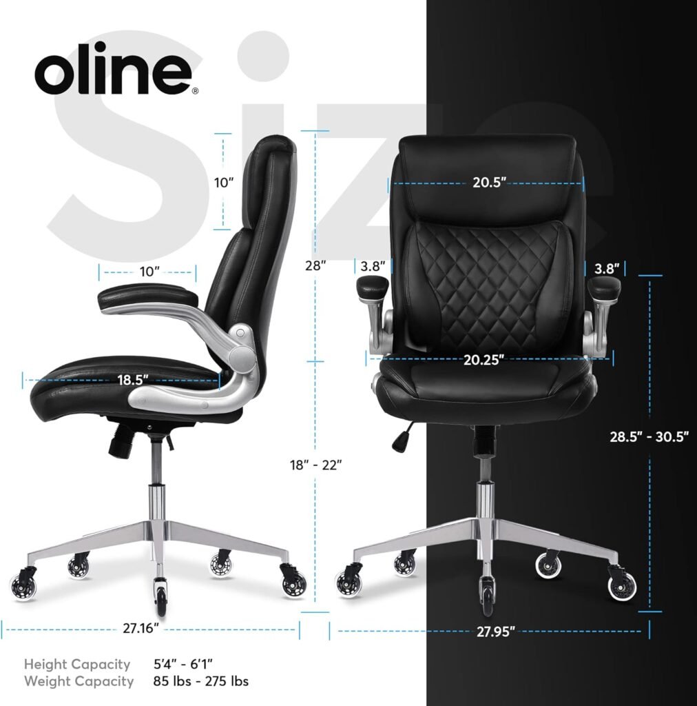 Oline ErgoAce Ergonomic Executive Office Chair, Rolling Home Desk PU Leather Gaming Computer Chair with Adjustable Armrests, Lumbar Support, Blade Wheels (Black)