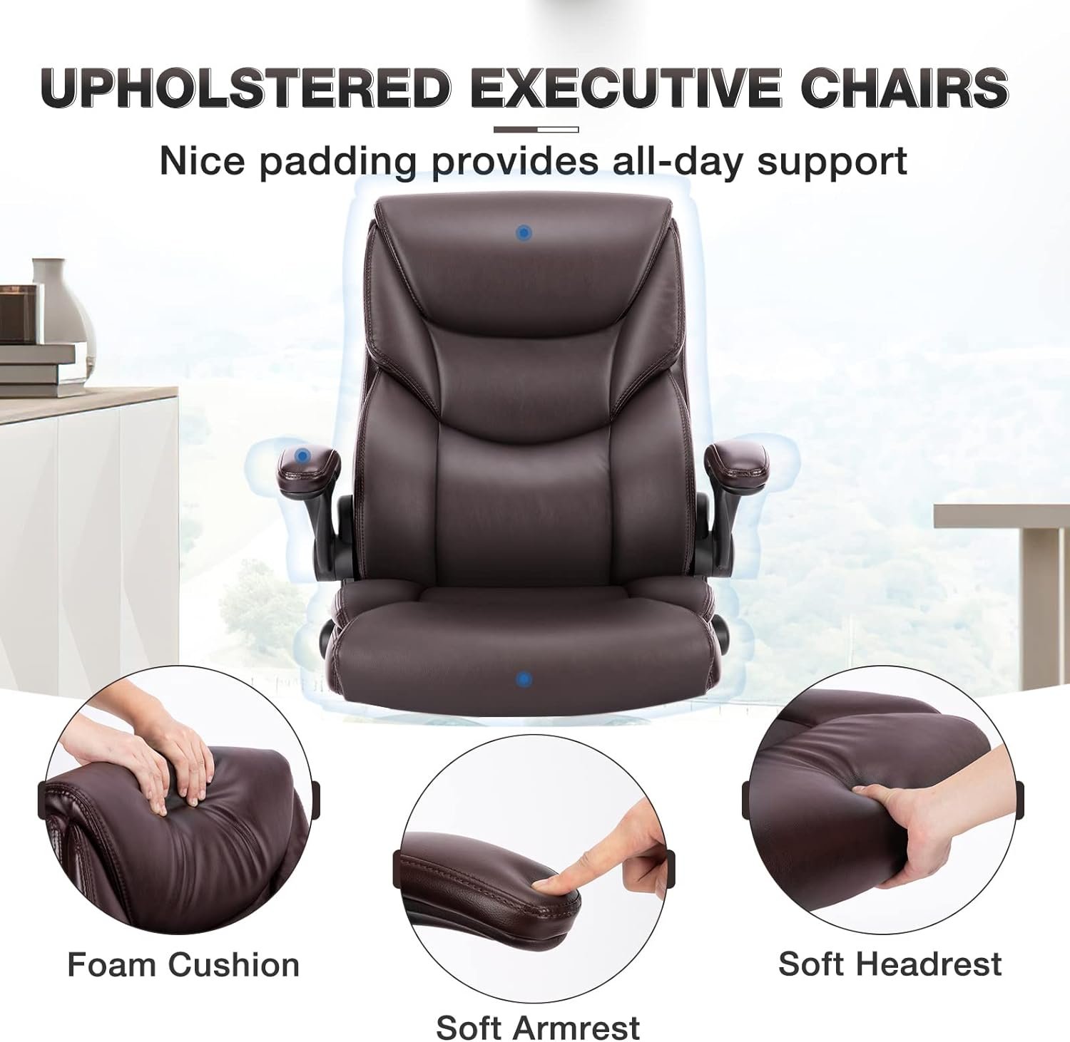 OLIXIS Home Office Chair - Big and Tall Chair for Office, High Back Ergonomic Executive Desk Chair, PU Leather Fixed Armrests Computer Chair, Rolling Chair with Wheels, Brown