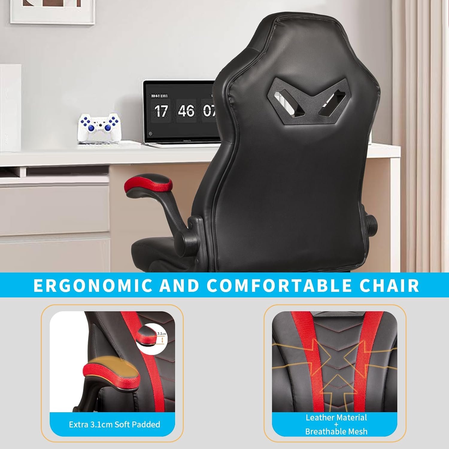 Ollega Desk Chairs with Wheels, Ergonomic Gaming Executive Office Chair with Flip-up Armrest, PU Leather Gaming Computer Chair Lumbar Support, Adjustable Racing Office Desk Chair, Black