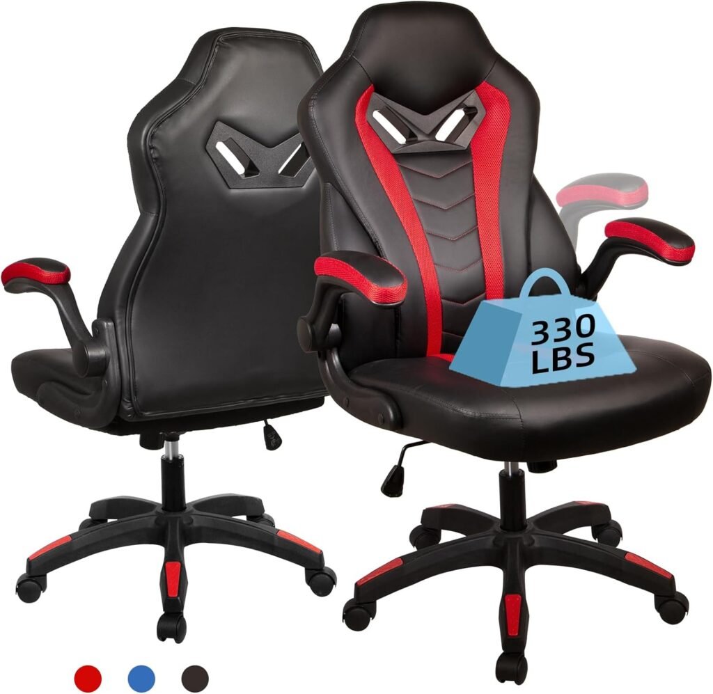 Ollega Video Game Chairs, Black Gamer Chairs for Adults, Computer Gaming Chairs for Teens, Racing Style Ergonomic Office Chair flip-up Arms, PU Leather Computer Chair 330 lbs