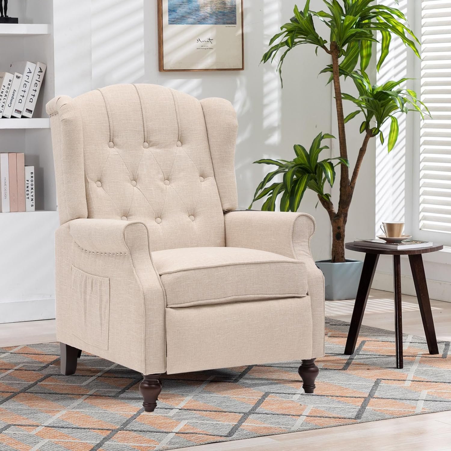 Oprisen Accent Recliner Chair Mid-Century Modern Push Back Recliners Reading Chair for Living Room Tufted Fabric Arm Chair w/Heat Massage/Side Pockets(1 PC, Beige)