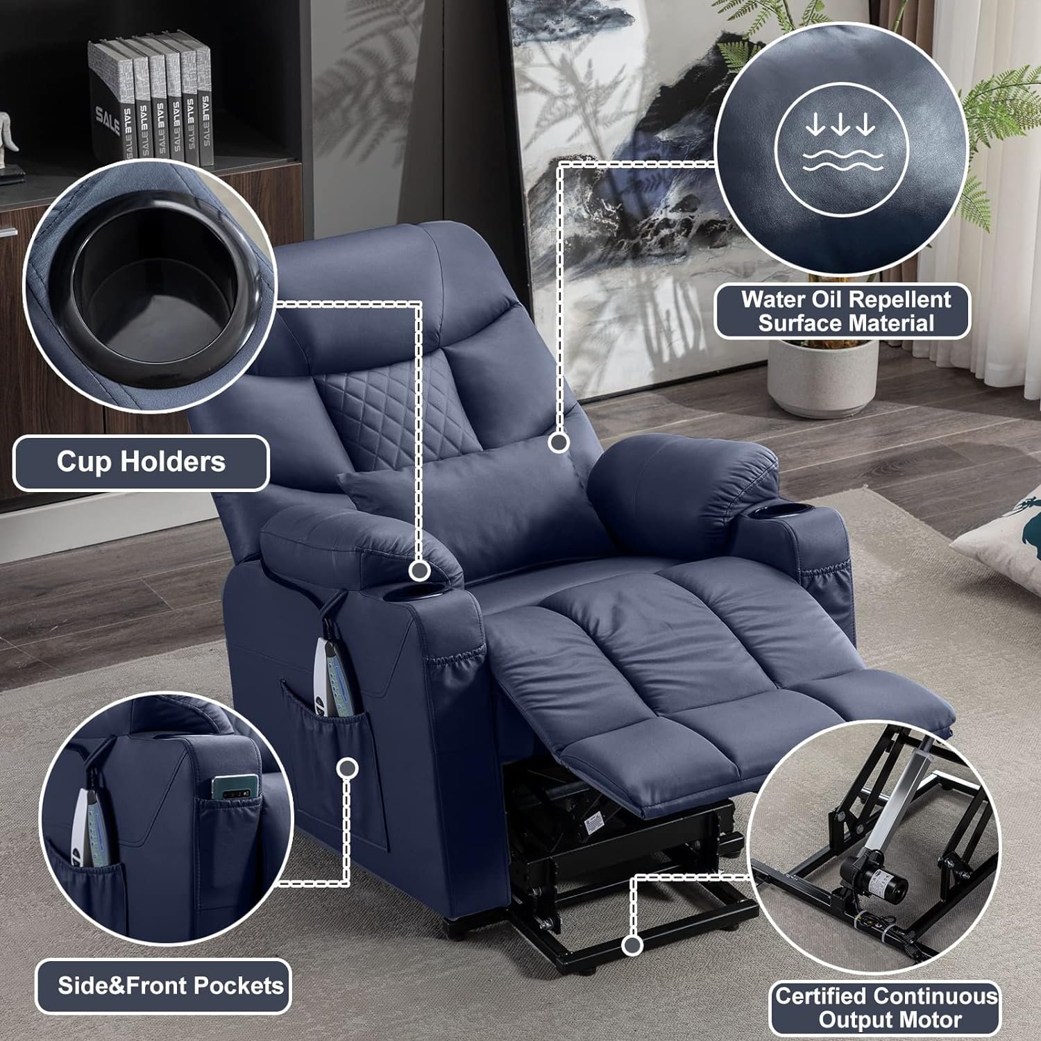 Oprisen Electric Lift Recliner Chair for Elderly Lift Chairs Recliner On Clearance Comfy Sleeper Chair Sofa w/Heat Massage for Senior w/Side Pockets/Cup Holders/USB Ports (Blue)