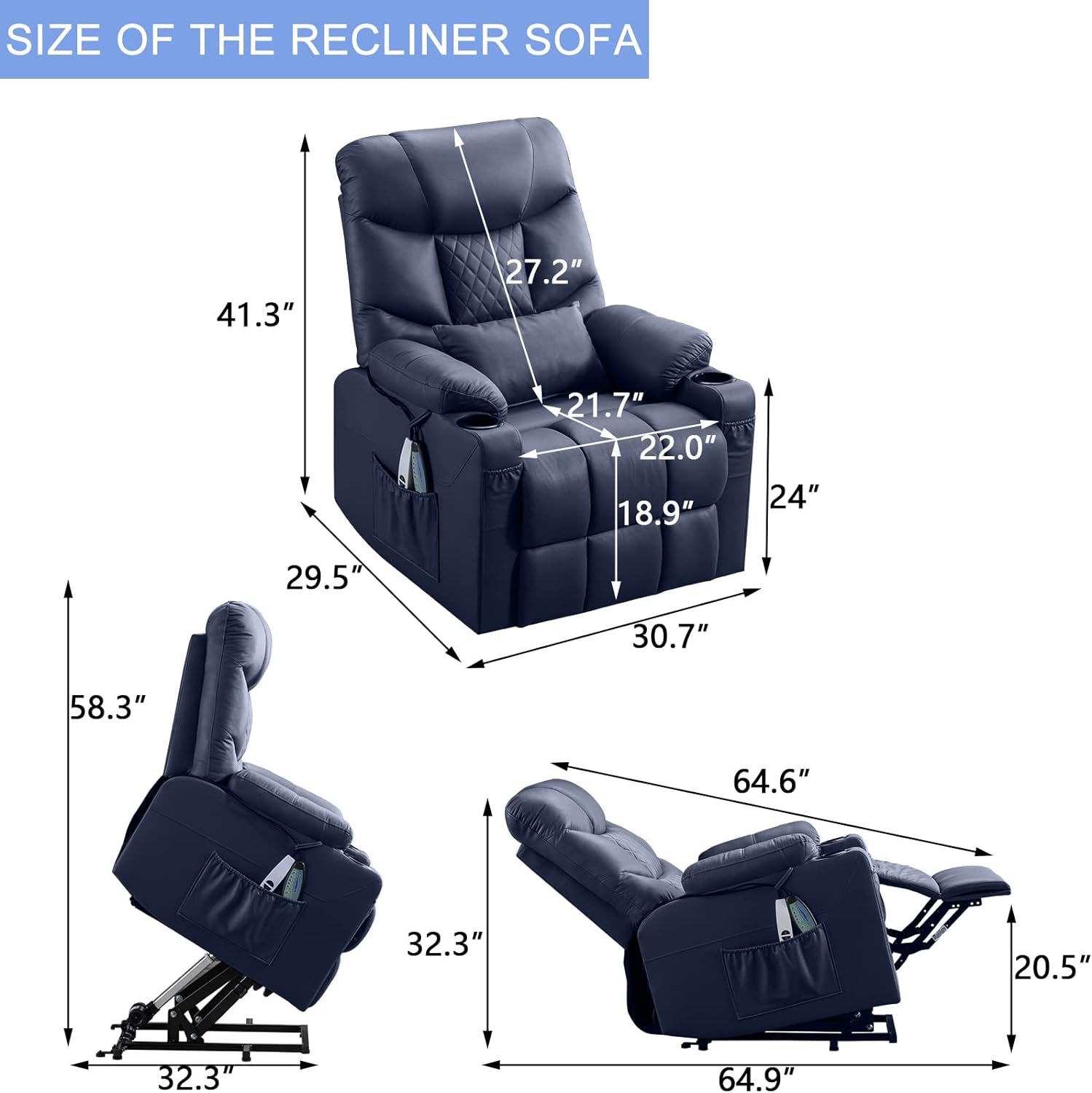 Oprisen Electric Lift Recliner Chair for Elderly Lift Chairs Recliner On Clearance Comfy Sleeper Chair Sofa w/Heat Massage for Senior w/Side Pockets/Cup Holders/USB Ports (Blue)