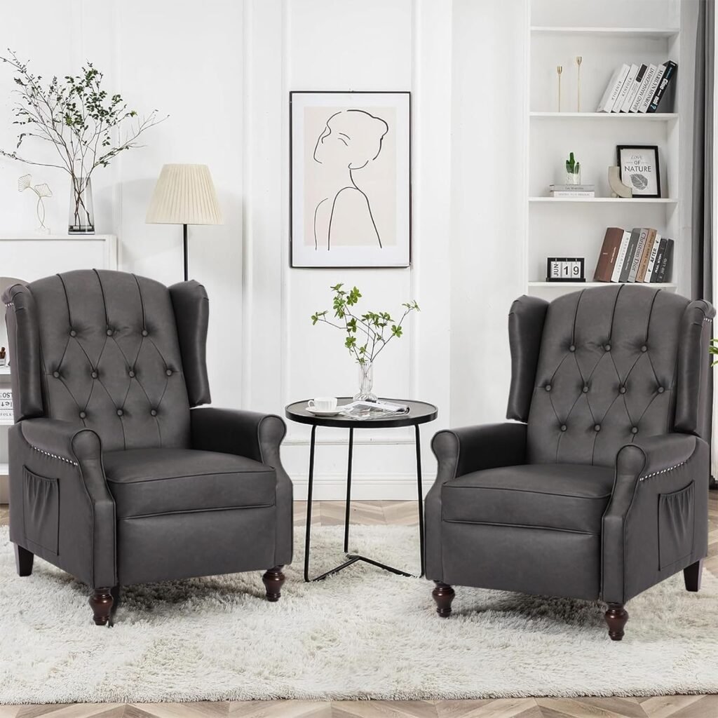 Oprisen Push Back Recliner Accent Chair Mid-Century Modern Reading Chairs Set of 2 for Living Room Modern Tufted Leather Arm Chair with Side Pockets (2 PC, Black, Without Massage  Heat)