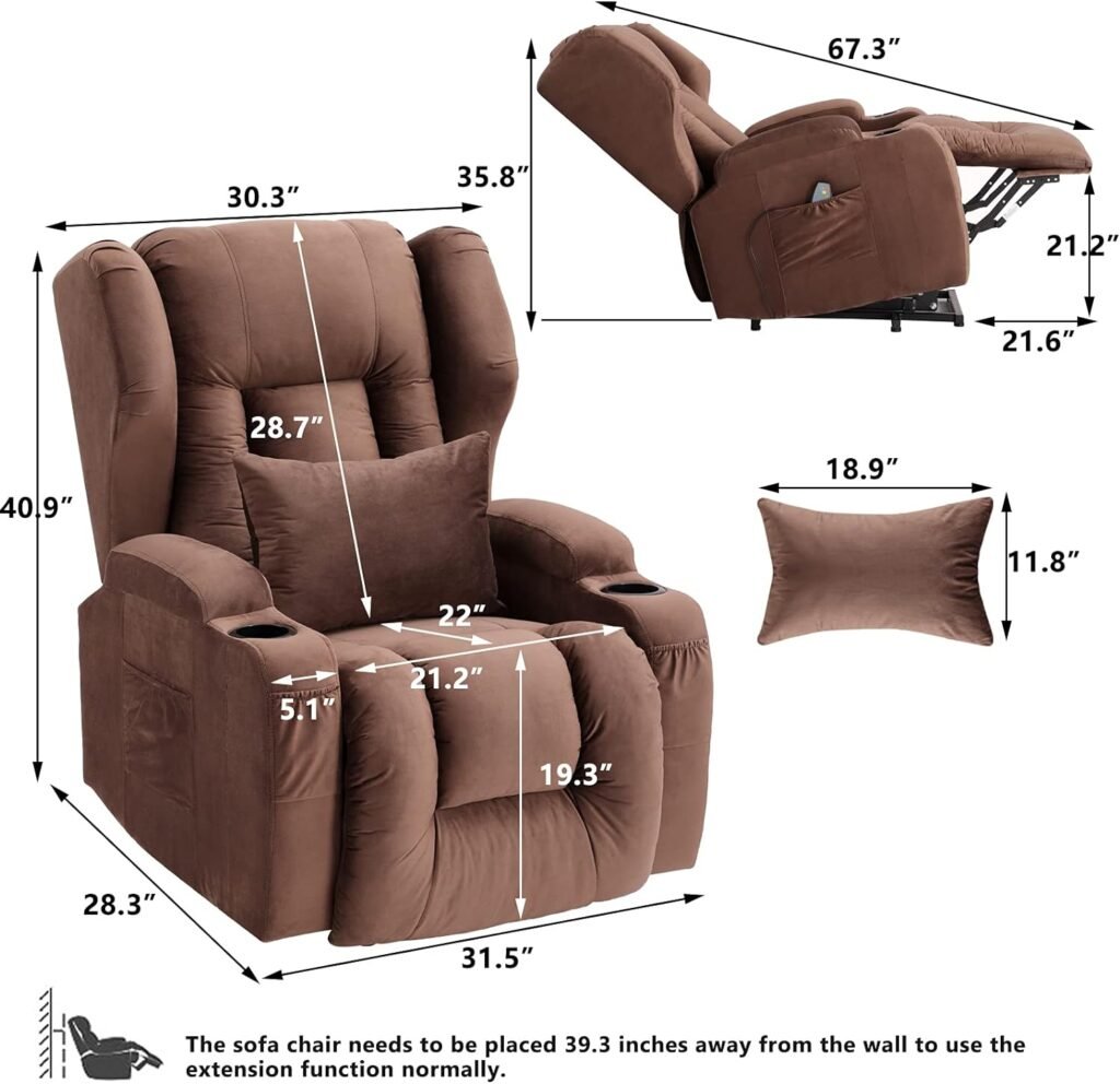 OQQOEE Electric Power Lift Recliner Chair for Elderly Wingback Lift Chair Recliner with Massage  Heat，3 Positions, 2 Side Pockets and Cup Holders, Handle Remote