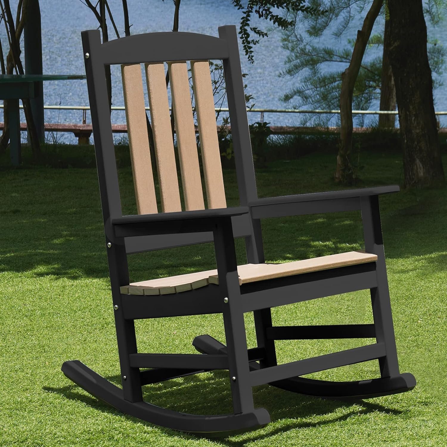 OTSUN Outdoor Rocking Chair, Patio Rocker Chair with High Back, All Weather Resistant Fade-Resistant Front Porch Rocking Chair, Stable Smooth Wood Rocker for Balcony, Yard (Black  Brown)