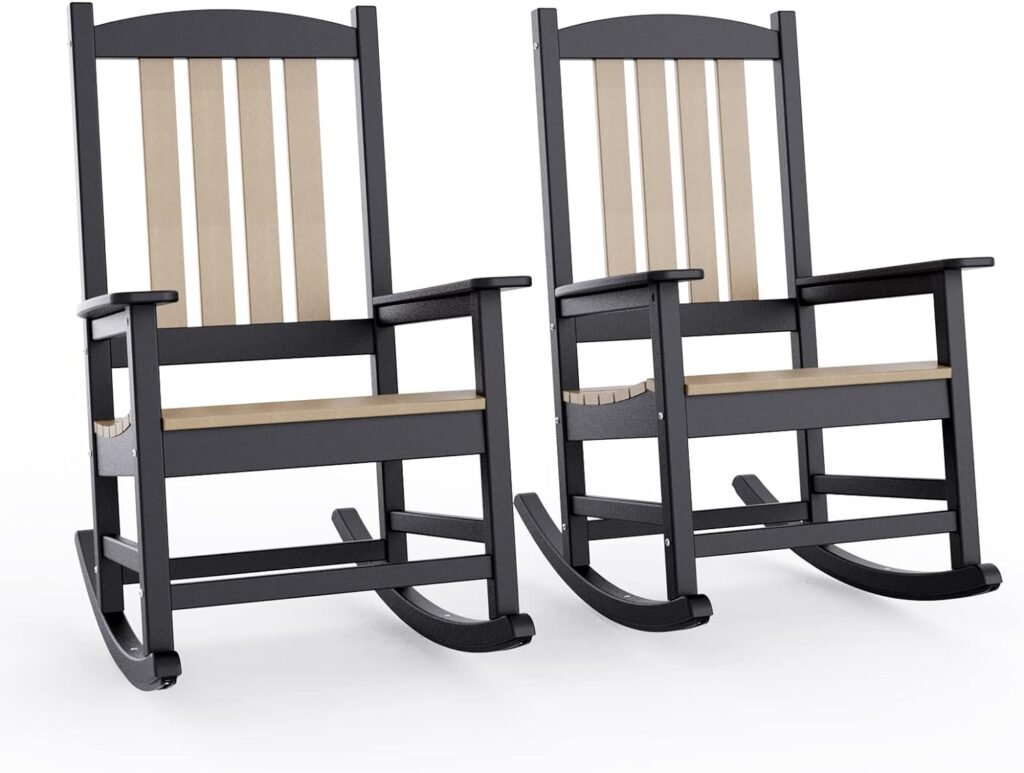 OTSUN Oversized Patio Rocking Chair Set of 2, All Weather Resistant Outdoor Rocker Chair, 380lbs Load Capacity, High Back, Widened Armrests for Yard, Garden, Indoor, Lawn, Black  Brown