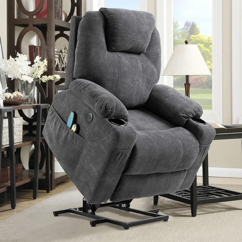 OUINCH Power Lift Recliner Chair for Elderly, Electric Massage Heated Recliner Chair, Ergonomic Fabric Lift Chair with 2 Remote Controls, USB Ports, Cup Holders  Side Pockets for Living Room (Grey)