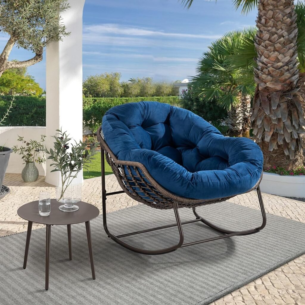 Outdoor Rocking Chair, Patio Oversized Rattan Egg Rocking Chair, Indoor Outside Padded Cushion Rocker Recliner Chair, Modern Lounge Chair for Front Porch, Garden, Backyard, Balcony, Deck, Navy Blue
