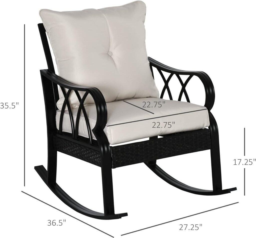 Outsunny Outdoor Wicker Rocking Chair with Padded Cushions, Aluminum Furniture Rattan Porch Rocker Chair w/Armrest for Garden, Patio, and Backyard, Khaki