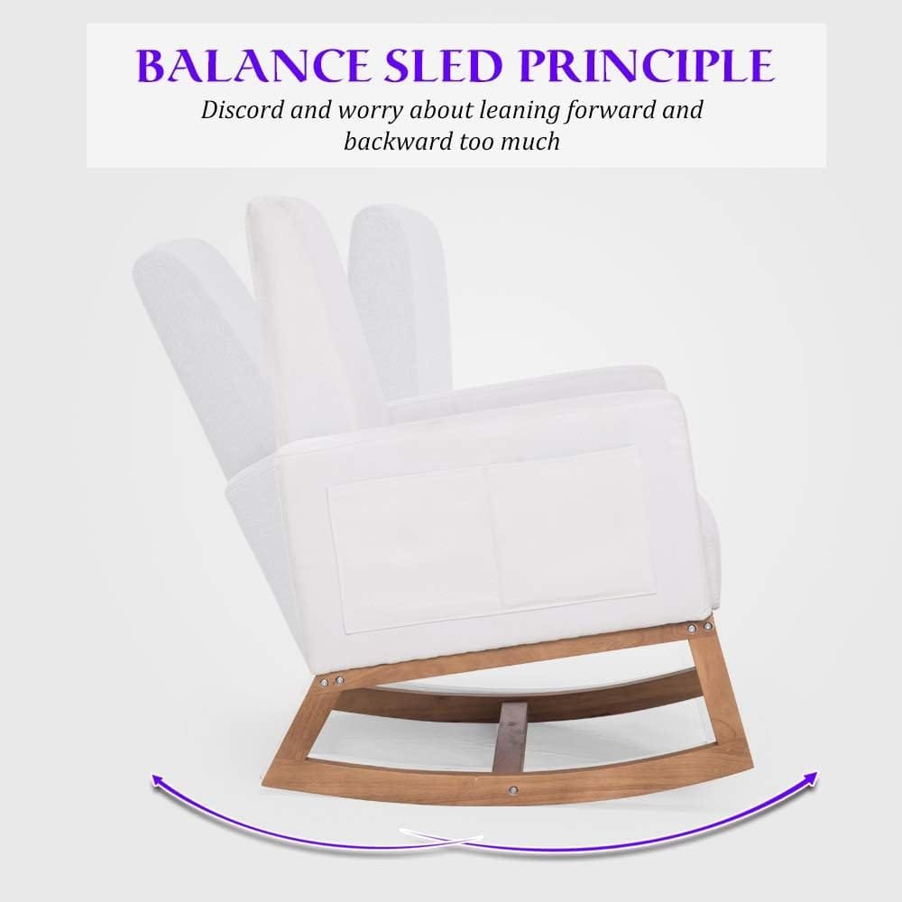 Paddie Rocking Chair Nursery, Fabric Rocking Armchair with Solid Wood Base/Side Pocket, Linen Fabric Upholstered Accent Chairs for Living Room (White)