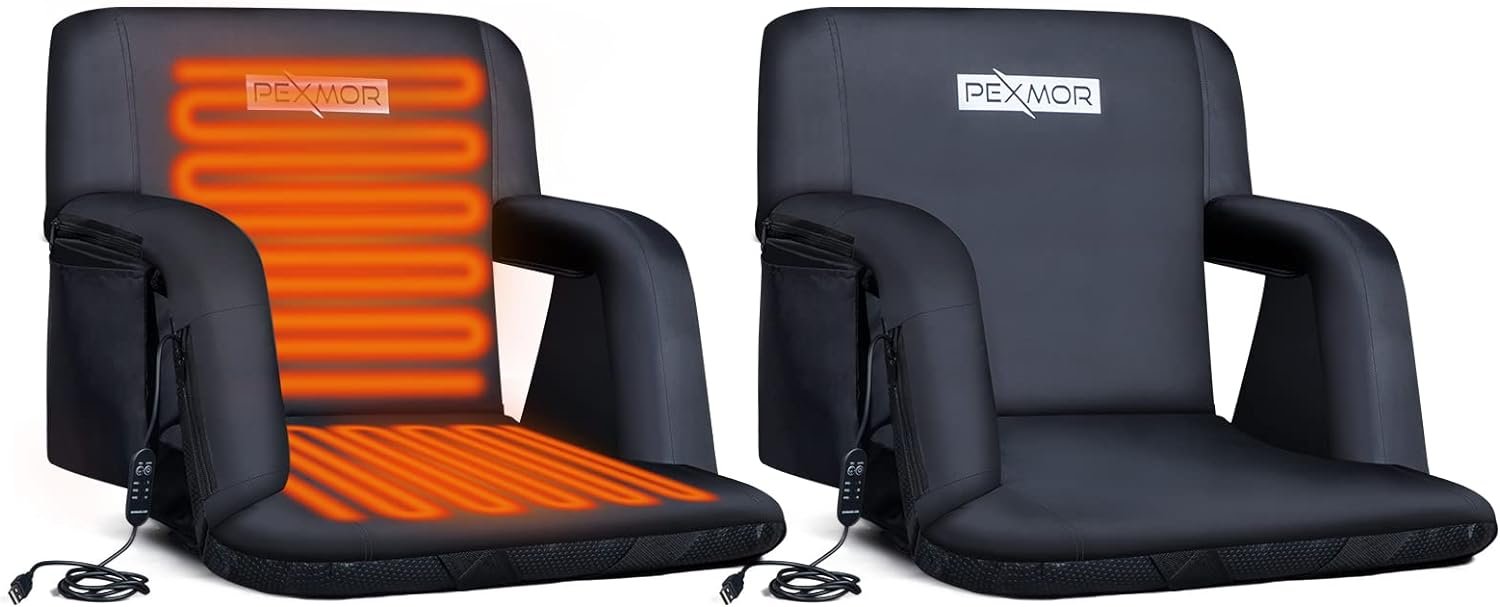 PEXMOR 21/25 Heated Stadium Seat for Bleachers with Back Support  Carrying Bag, 3 Level Heating Back  Bottom, 5 Reclining Chair w/Armrest Pocket for Outdoor Indoor, USB Battery Excluded