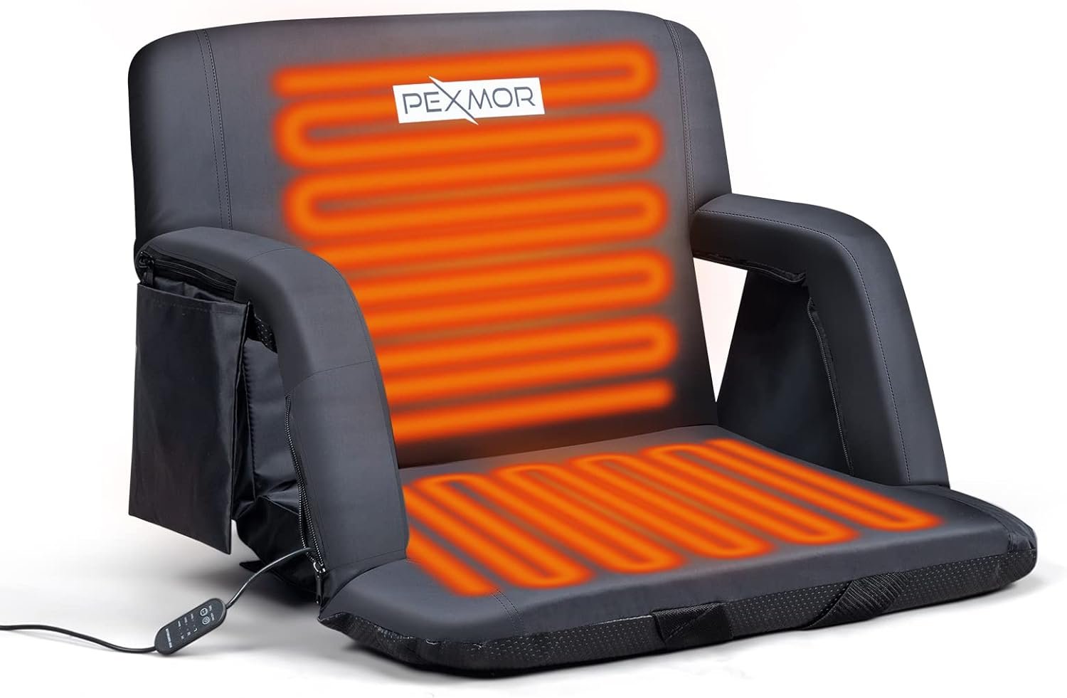 PEXMOR 21/25 Heated Stadium Seat for Bleachers with Back Support  Carrying Bag, 3 Level Heating Back  Bottom, 5 Reclining Chair w/Armrest Pocket for Outdoor Indoor, USB Battery Excluded