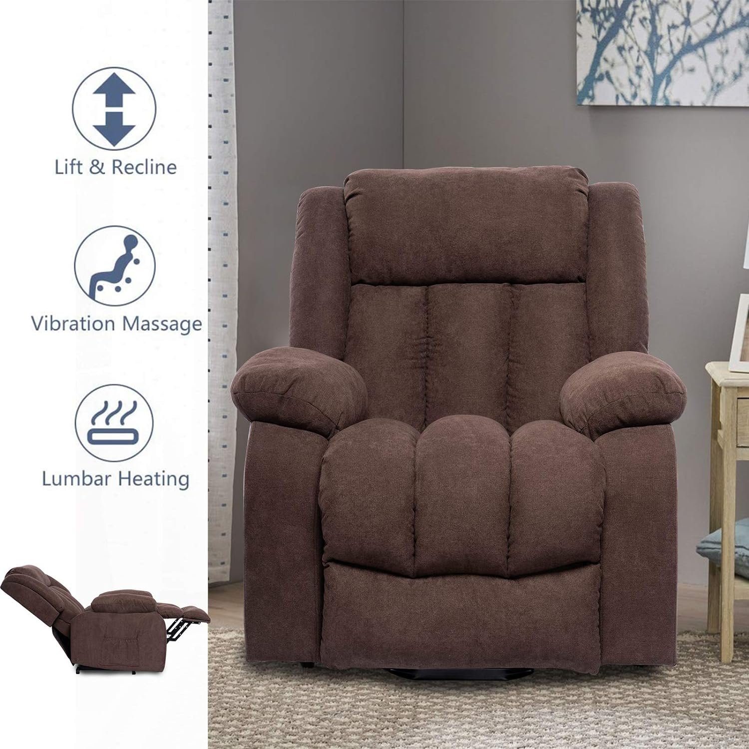 Polar Aurora Power Lift Massage Recliner Chair for Elderly Heated Fabric Recliner Ergonomic Lounge Vibratory Massage Function/Heating/Remote Control for Living Room(Brown)