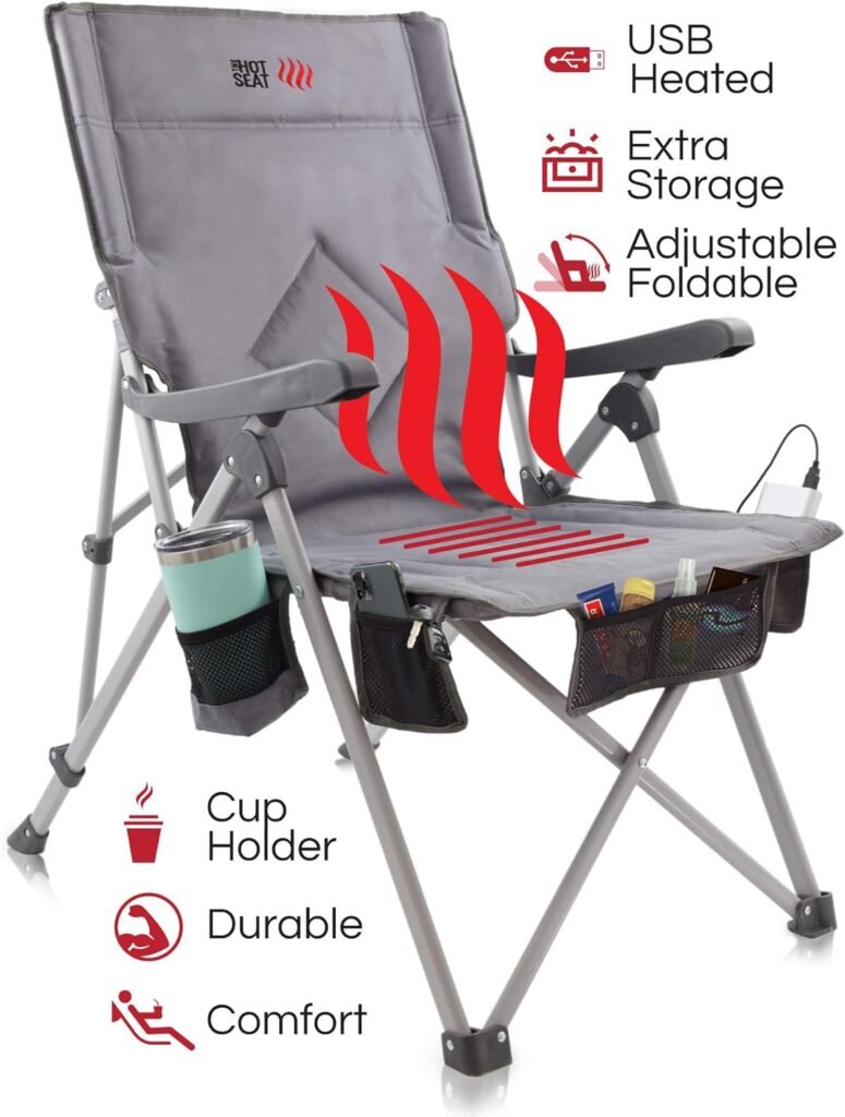 POP Design The Hot Seat, USB Heated Portable Camping Chair, for Outdoor, Sports, Beach, or Picnics, with Travel Bag, 5 Pockets, Cup Holder, 2-Pack (Battery Pack NOT Included)