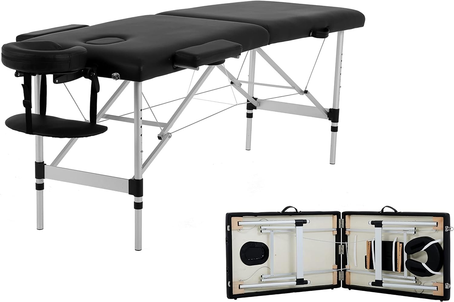 Portable Massage Table Lightweight, Adjustable Lash Bed with Free Accessories, Aluminum 73 Inchs Cushion 2 Section Massage Spa Bed with Facial Cradle,Height-Adjustable Salon Massage Bed (Black)