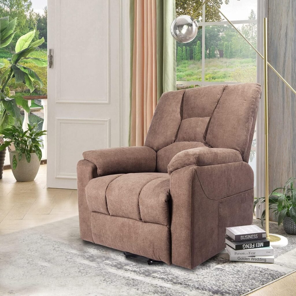 Power Lift Recliner Chair for Elderly Electric Vibration Massage Fabric Sofa with Side Pockets  Remote Controls Brown