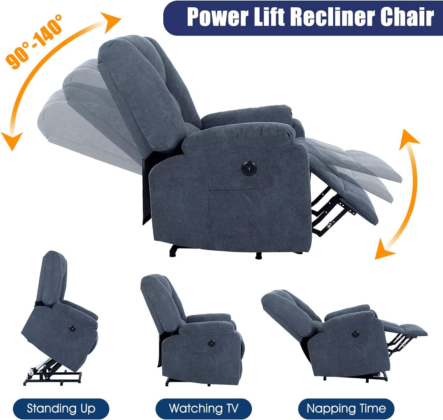 Power Lift Recliner Chair with Massage and Heat for Elderly, Microfiber Fabric Electric Lift Recliner Chairs for Seniors Home Living Room, Side Pockets,USB Port,Remote Control, Midnight Blue