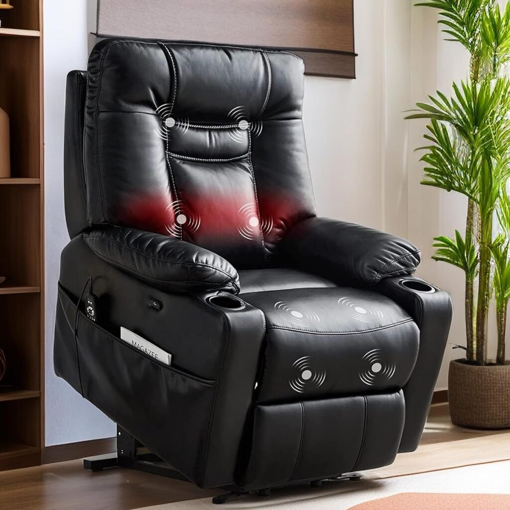 Power Lift Recliner for Elderly, Lift Chairs Recliners with Vibration Massage and Lumbar Heat Electric Faux Leather Ergonomic Lounge Chair with Side Pocket Cup Holders USB Port for Living Room (Black)