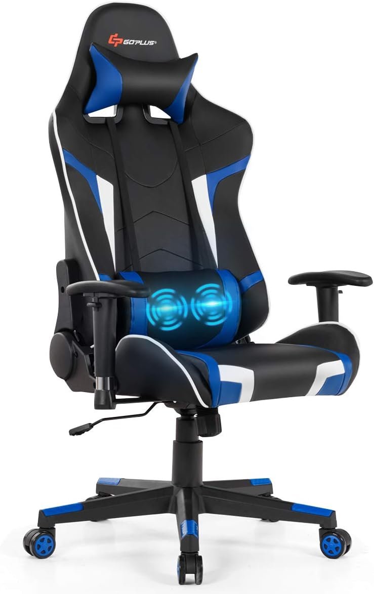 POWERSTONE Gaming Chair Racing Office Chairs PC Computer Chair with Lumbar Massager Support - PU Leather Adjustable Arms Headrest High Back Recliner Ergonomic Rolling Swivel Chair (Blue)