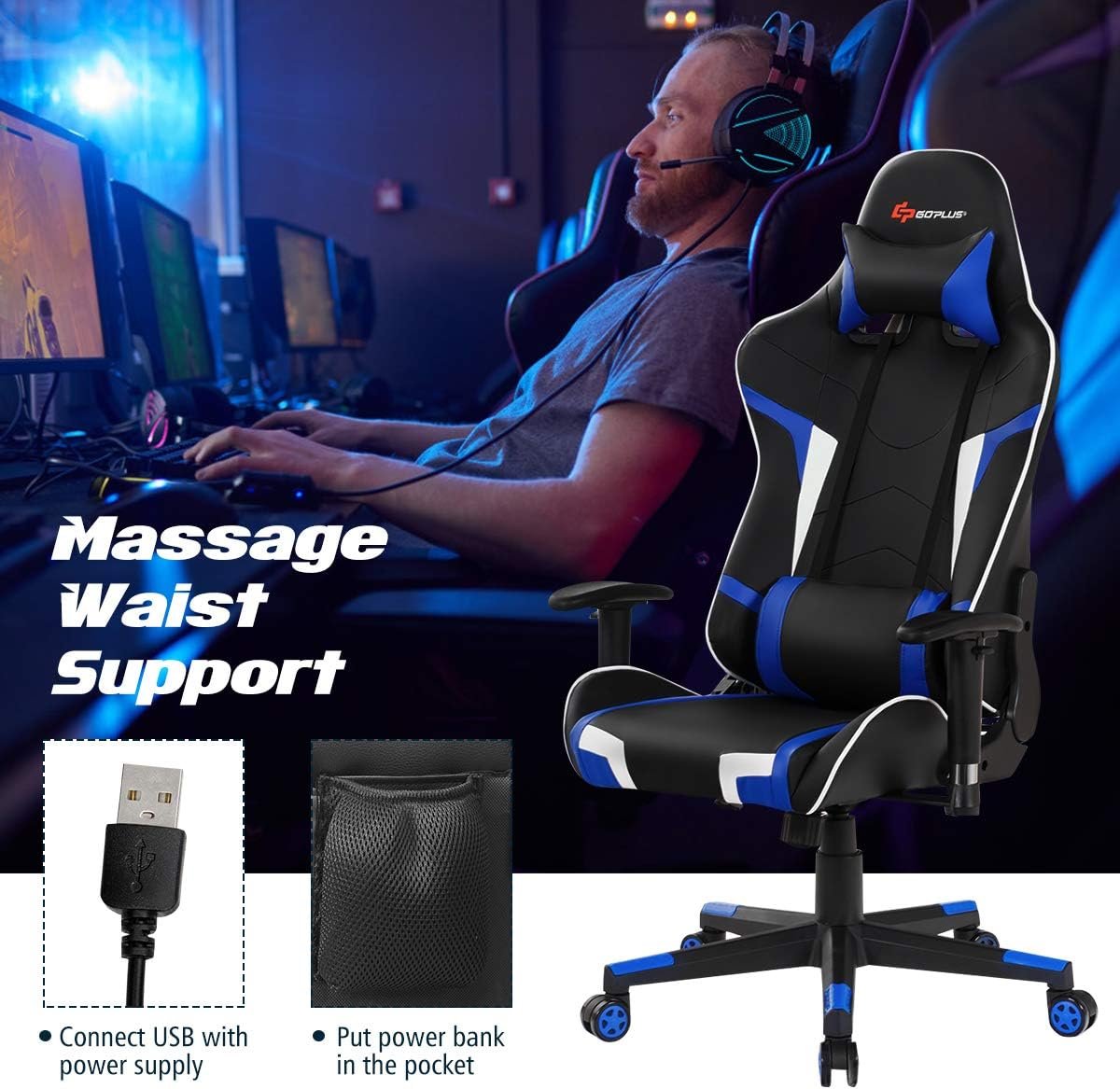 POWERSTONE Gaming Chair Racing Office Chairs PC Computer Chair with Lumbar Massager Support - PU Leather Adjustable Arms Headrest High Back Recliner Ergonomic Rolling Swivel Chair (Blue)