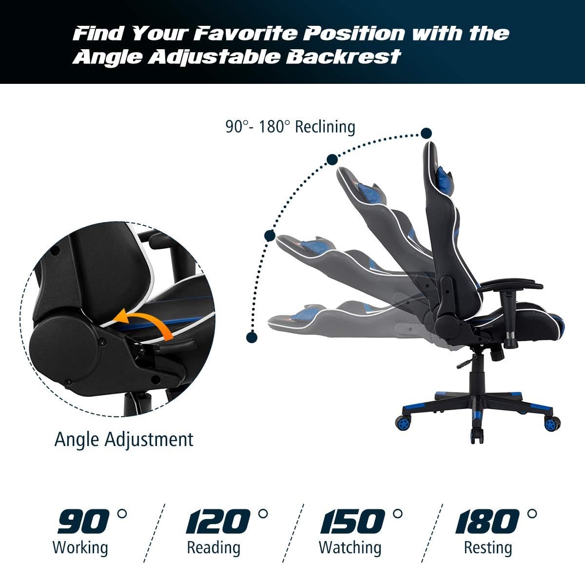 POWERSTONE Gaming Chair Racing Office Chairs PC Computer Chair with Lumbar Massager Support - PU Leather Adjustable Arms Headrest High Back Recliner Ergonomic Rolling Swivel Chair (Blue)