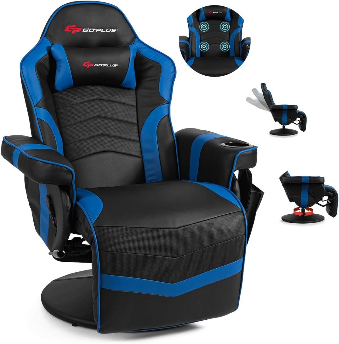 POWERSTONE Gaming Recliner Massage Gaming Chair with Footrest Ergonomic PU Leather Single Sofa with Cup Holder Headrest and Side Pouch, Adjustable Living Room Chair Seating, Navy Blue