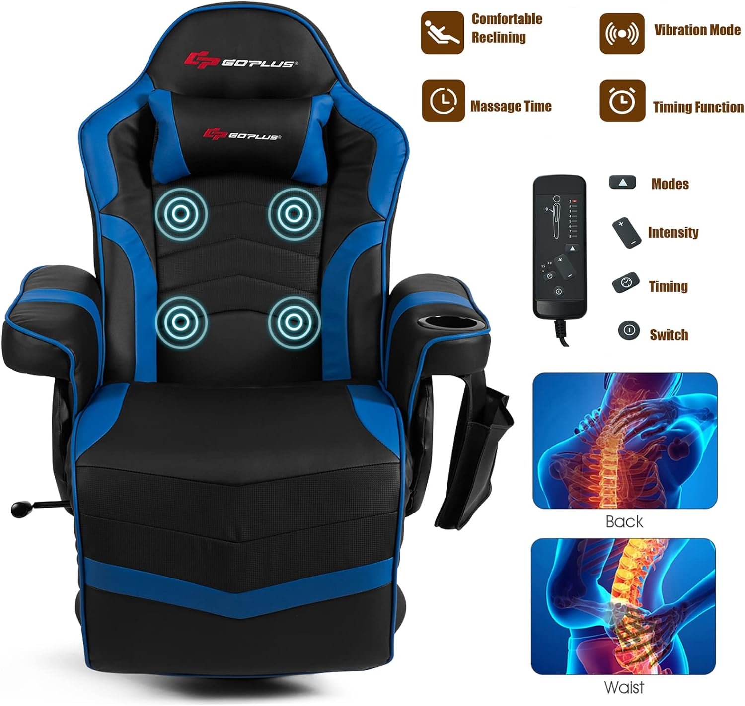 POWERSTONE Gaming Recliner Massage Gaming Chair with Footrest Ergonomic PU Leather Single Sofa with Cup Holder Headrest and Side Pouch, Adjustable Living Room Chair Seating, Navy Blue