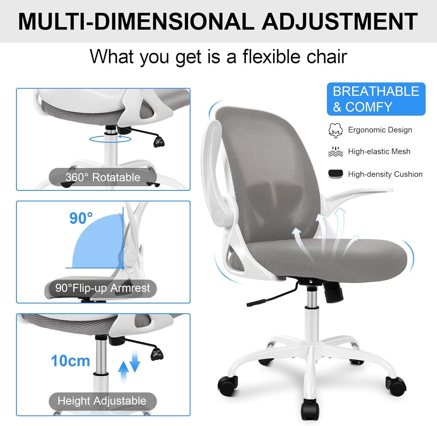 Primy Office Chair Ergonomic Desk Chair with Adjustable Lumbar Support and Height, Swivel Breathable Desk Mesh Computer Chair with Flip up Armrests for Conference Room(White)