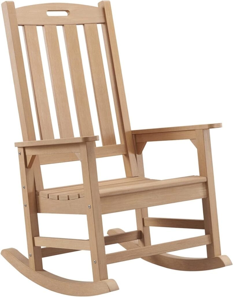 Psilvam Patio Rocking Chair, Poly Lumber Porch Rocker with High Back, 350Lbs Support Rocking Chairs for Both Outdoor and Indoor, Poly Rocker Chair Looks Like Real Wood (Teak Color)