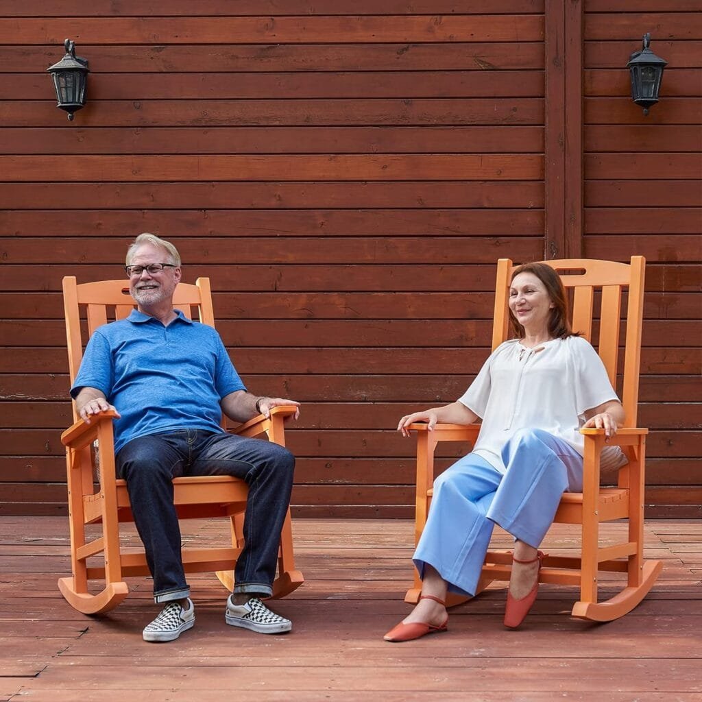 Psilvam Patio Rocking Chair, Poly Lumber Porch Rocker with High Back, 350Lbs Support Rocking Chairs for Both Outdoor and Indoor, Poly Rocker Chair Looks Like Real Wood (Teak Color)