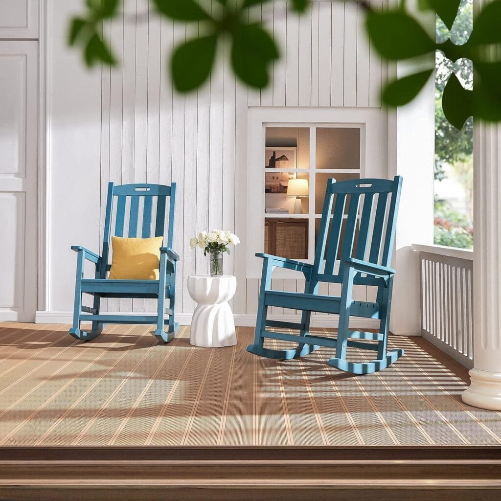 Psilvam Patio Rocking Chair, Poly Lumber Porch Rocker with High Back, 350Lbs Support Rocking Chairs for Both Outdoor and Indoor, Poly Rocker Chair Looks Like Real Wood (Teak Color)