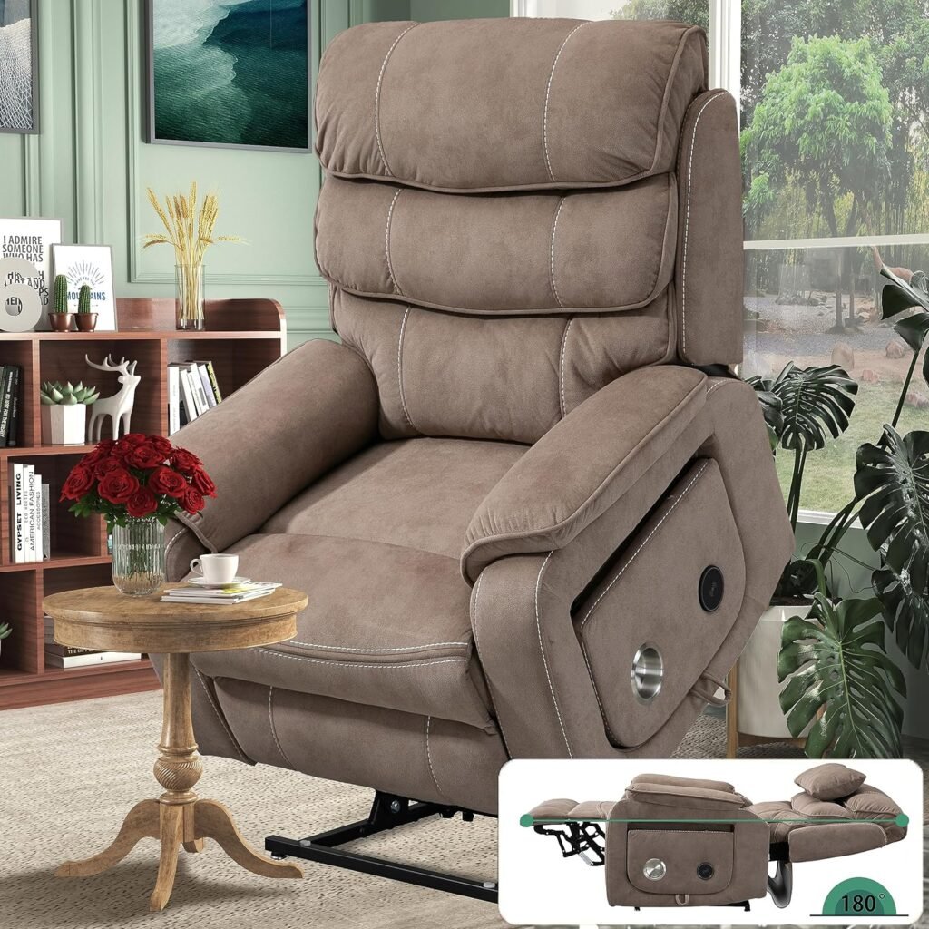 PUG258Y Lift Chair for Big Tall Elderly: 9387Plus Lay Flat with Heat and Massage, Dual OKIN Motors, Installed Tabletop with Wireless Charger AMD Cup Holder, 2 Remote, Towelling Fabric - Taupe