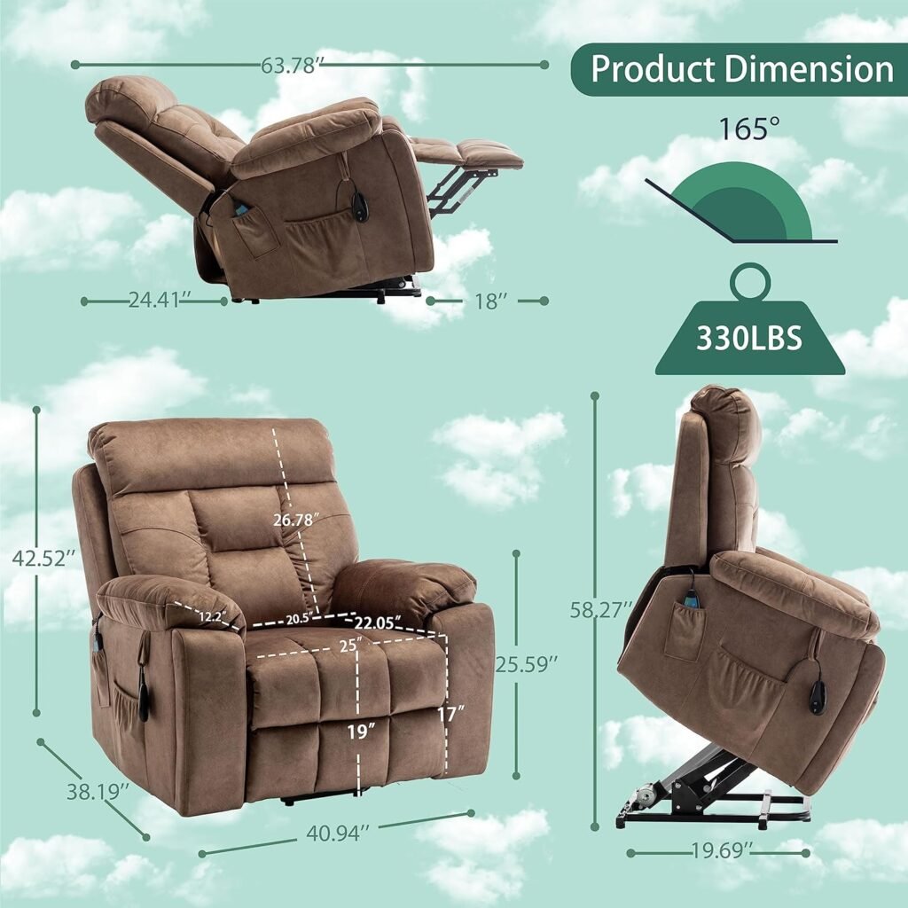 PUG258Y Power Lift Chair for Big and Tall Elderly: 9689 High Density Foam Electric Recliner with Heat and Massage, 2 Hidden Cup Holders, 2 Remote, Single OKIN Motor - Fabric - Brown : Home  Kitchen