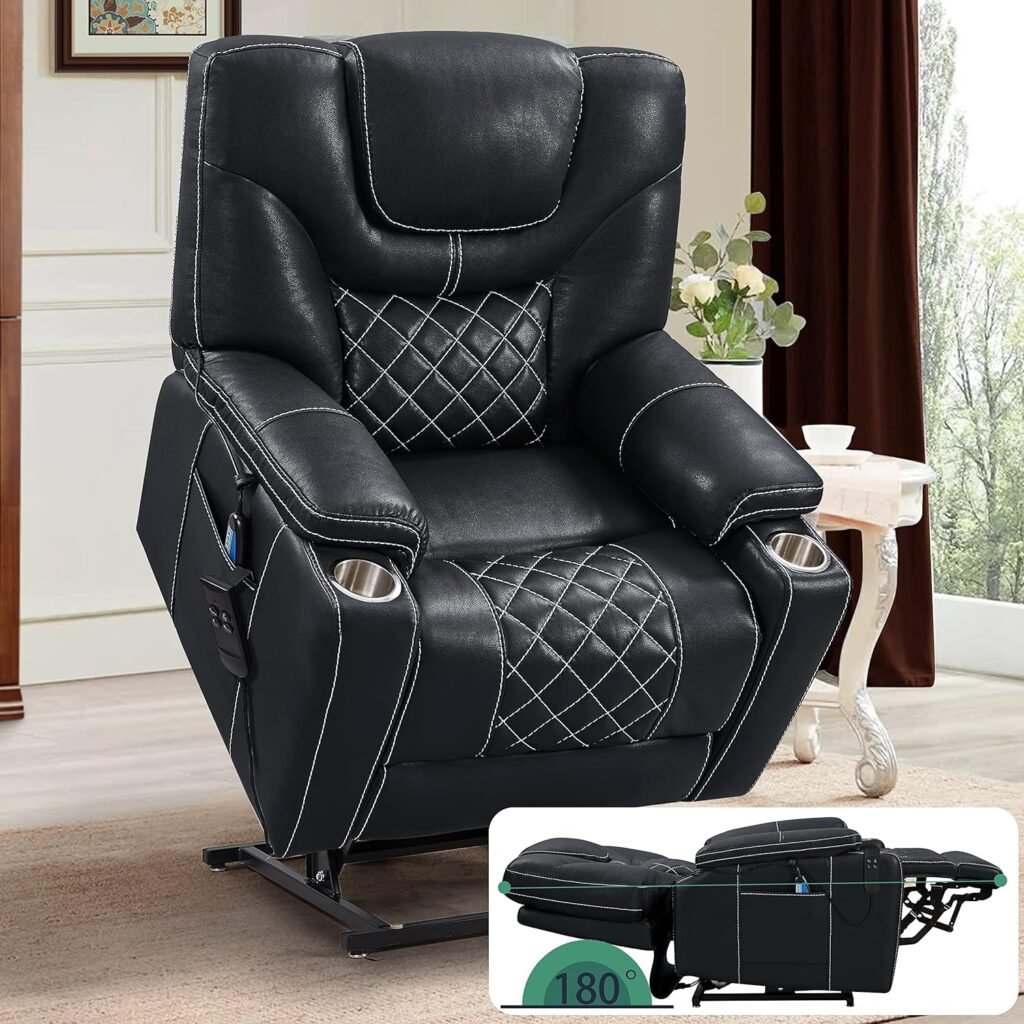 PUG258Y Power Lift Chair for Elderly: 9988 High Density Foam Lay Flat with Heat and Massage, Reclining to 180, 2 Pockets Cup Holders, 2 Remote Controls, Dual OKIN Motors - Breathable Leather Black