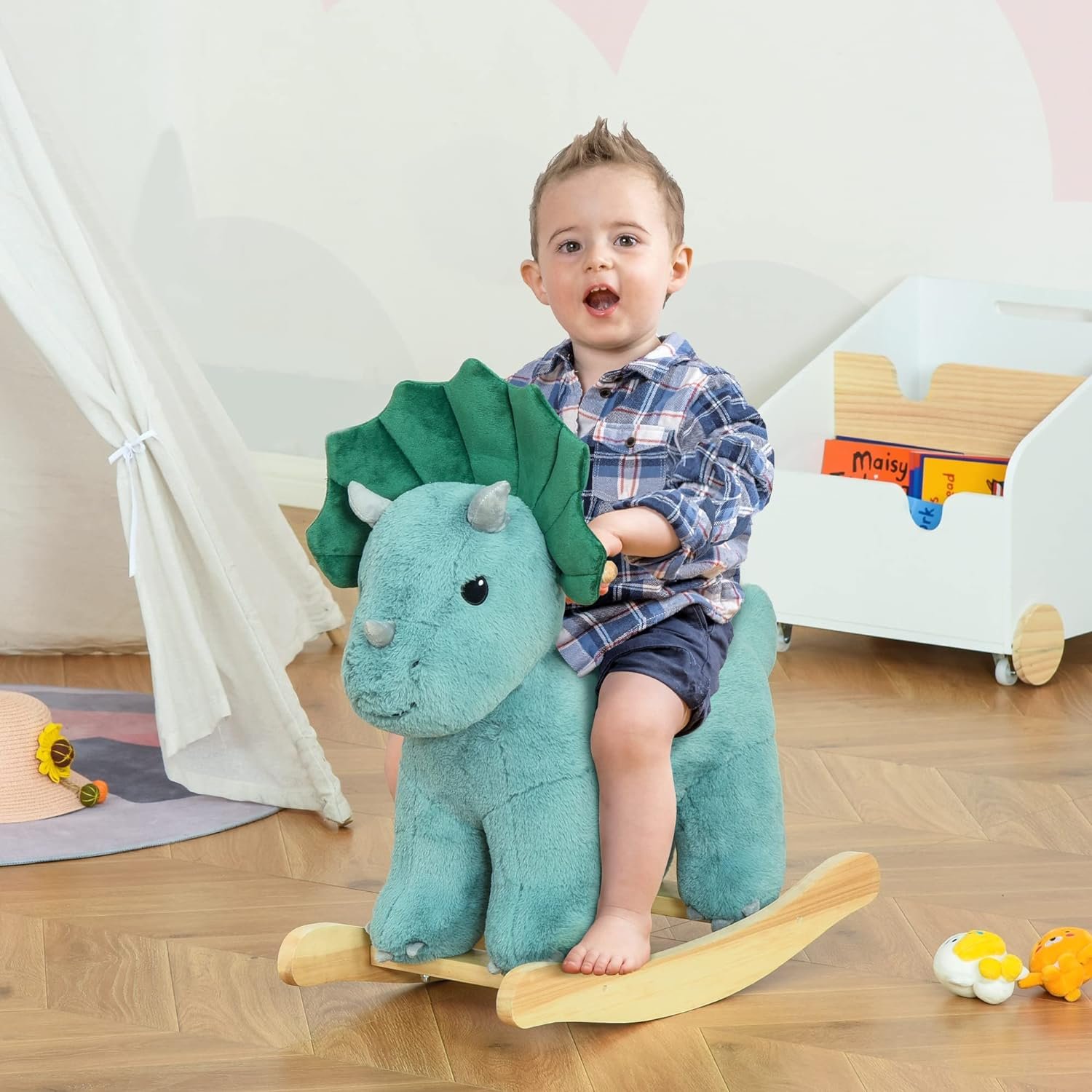 Qaba Kids Plush Ride-On Rocking Horse Triceratops-Shaped Plush Toy Rocker with Realistic Sounds for Child 36-72 Months Dark Green