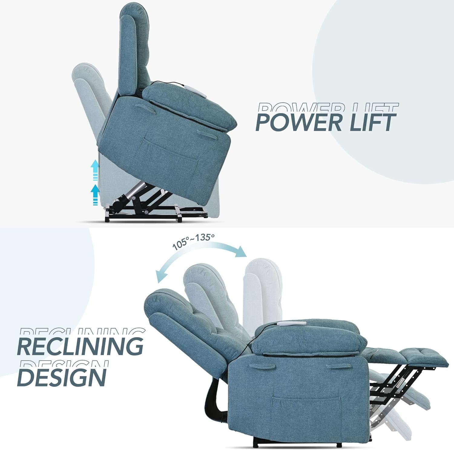 QKFF Power Lift Chair with Massage and Heat for Elderly, Remote Control Electric Lift Recliners Chairs, Retractable Armrest, 2 Large Side Pockets for Living Room