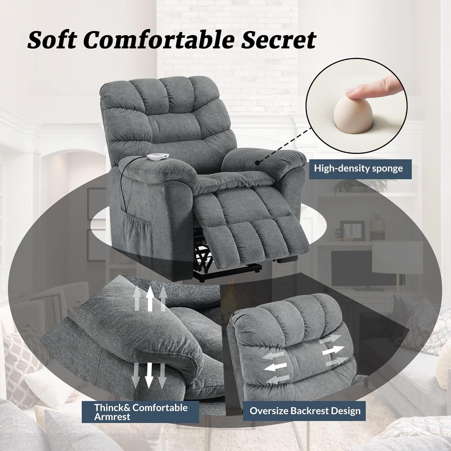 QKFF Power Lift Chair with Massage and Heat for Elderly, Remote Control Electric Lift Recliners Chairs, Retractable Armrest, 2 Large Side Pockets for Living Room