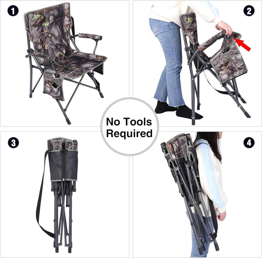 REDCAMP Camo Camping Chair for Adults Heavy Duty, Sturdy Steel Folding Hunting Chair for Ground Blinds, Portable and Comfortable with Padded Hard Arms