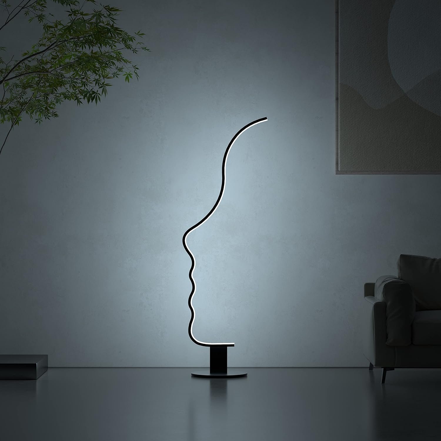 RGBW Modern Face Floor Lamp for Bedroom Living Room, 55.5 inches High Unique Standing Reading Dimmable Black Led Floor Lamp with Remote, Cool Ambient Lighting Changing Curved Floor Lamp