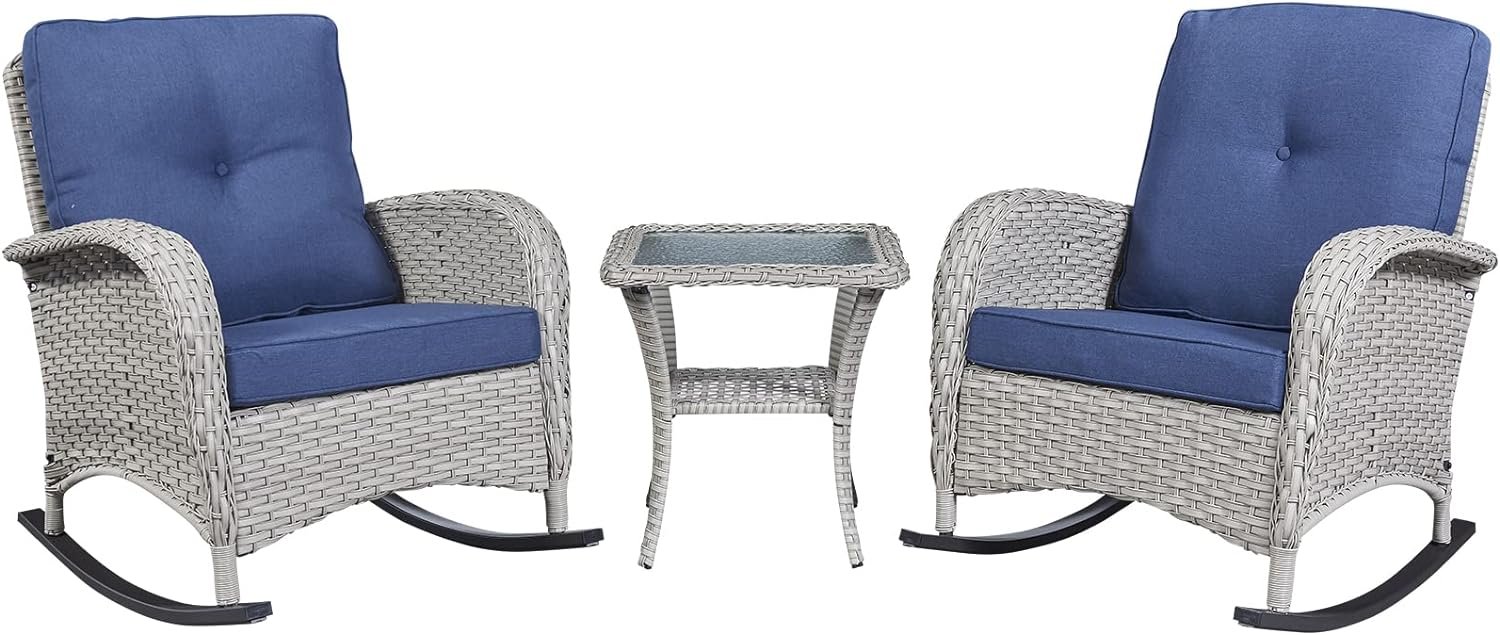 Rilyson Patio Rocking Chairs Rocker Chair - 3 Pieces Outdoor Wicker Rocking Chairs Set with 2 Rocker Chairs and 1 Side Table for Outside Porch Deck Pool Garden Backyard(Grey/Blue)