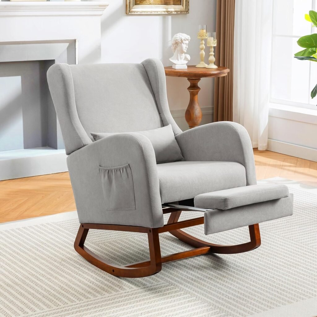 Rocking Chair Nursery Glider Chair with Footrest, Nursery Rocking Chairs with Rubber Wood Legs Side Pocket, High Back Nursing Chair, Accent Rocker Arm Chair Baby Bedroom, Living Room, Grey