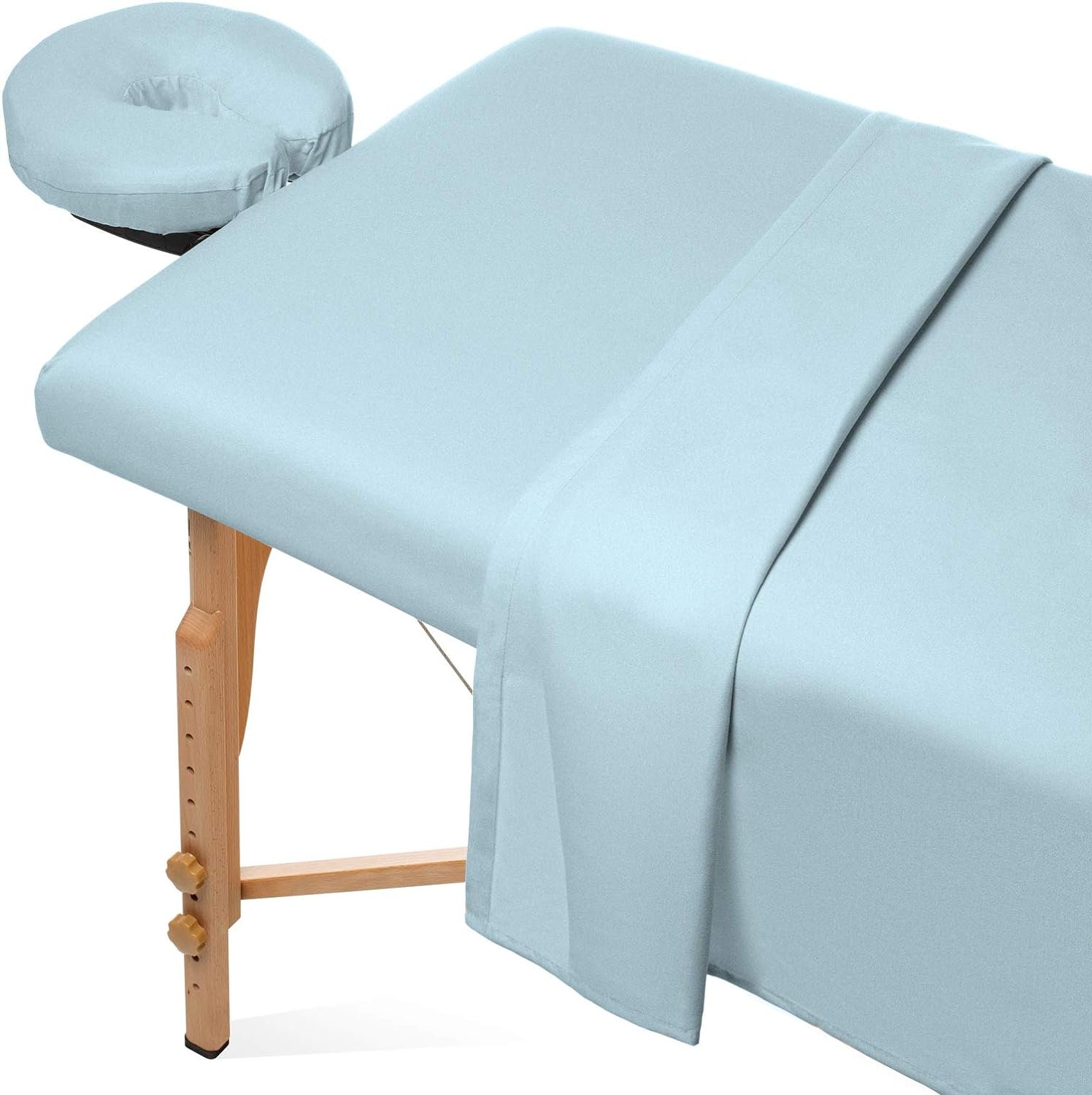 Saloniture 3-Piece Flannel Massage Table Sheet Set - Soft Cotton Facial Bed Cover - Includes Flat and Fitted Sheets with Face Cradle Cover - Blue