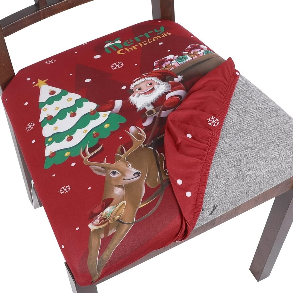 SearchI 4 Pack Christmas Seat Covers for Dining Room Chairs Stretch Printed Xmas Chair Seat Covers, Removable Upholstered Chair Seat Protector for Christmas Decoration, Kitchen, Office (Santa+Elk)