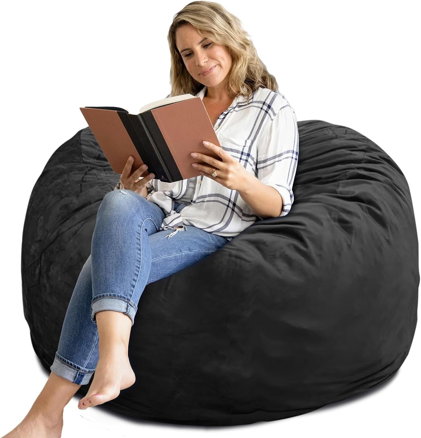 SEASXOLTE Bean Bag Chair 4Ft, Memory Foam Filled, Removable Velvet Cover, Giant Bean Bag Chairs for Adults and Teens, Round Sofa Chair for Dorm Room, Bedroom and Gaming Room, Black