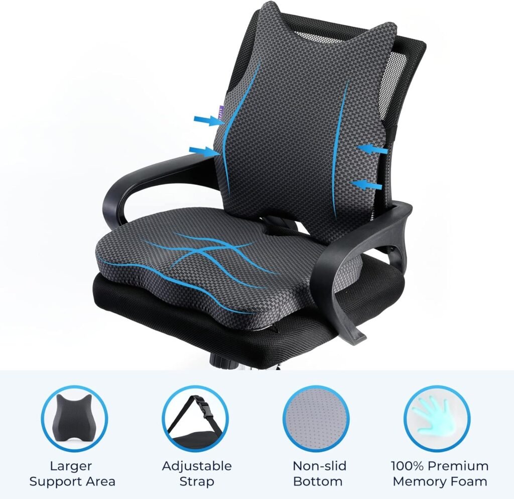 Seat Cushion  Lumbar Support Pillow: Memory Foam Chair Pad Back Cushion for Office Chair Car Seat Wheelchair Travel, Reduce Tailbone Pressure and Improve Comfort, Orthopedic Sciatica Hip Pain Relief