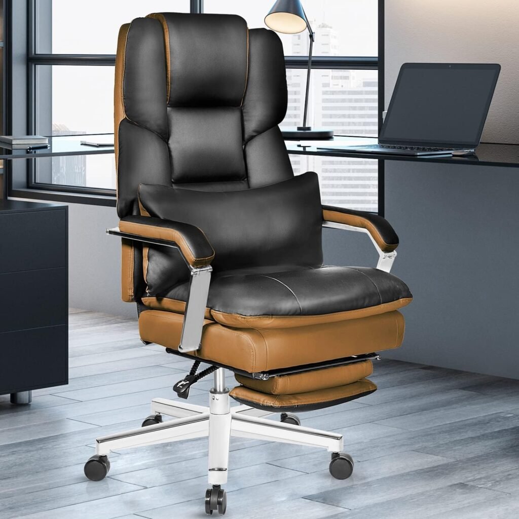 SeekFancy Reclining Office Chair with Footrest O203, Big and Tall Office Chair 500lbs Wide Seat with 170° Backrest, High Back Large Executive Office Chair，Black Pu Leather Desk Chair