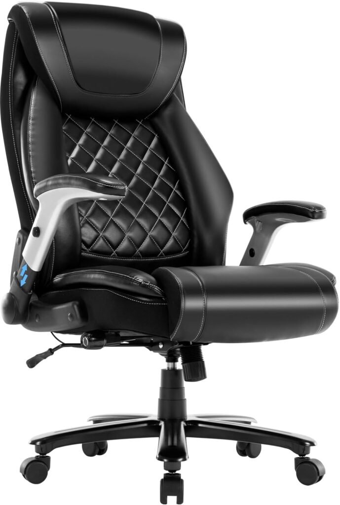 Seevoo Big and Tall Office Chair 400LBS High Back Executive Chair Computer Chair- Adjustable Lumbar Support with Flip-Up Arms  Large Desk Swivel Chair with Heavy Duty Metal Base ,Black