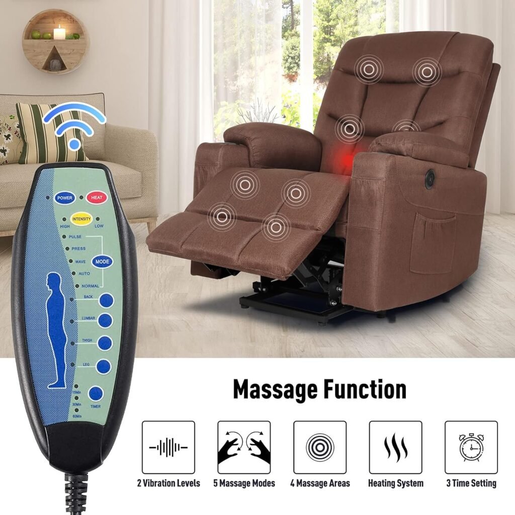 SENYUN Power Lift Recliner Chair for Elderly, Massage Lift Recliner with Heat  Vibration, Fabric Electric Lift Reclining Chairs for Home Living Room (Dark Brown)